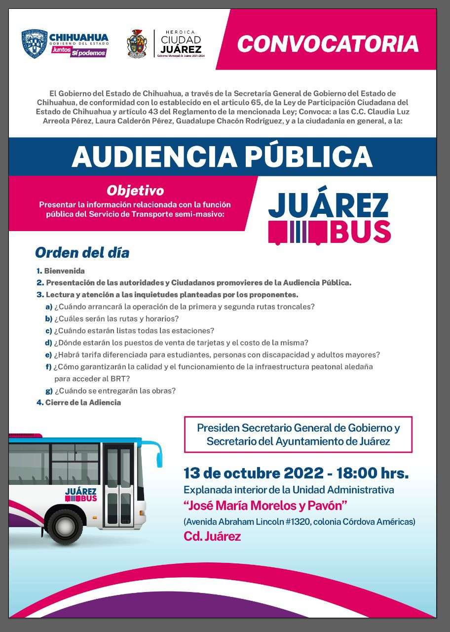 Anuncian Estado y Municipio audiencia sobre Troncal 2 del Juárez Bus