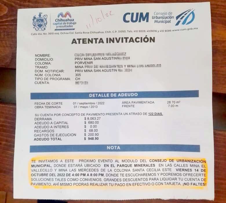 Preocupa a vecinos invitación a pagar adeudo de pavimento