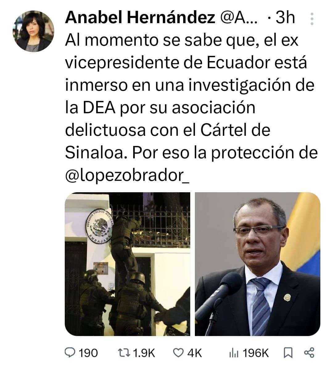 Investiga la DEA al ex vicepresidente de Ecuador por presunta asociación con el cartel de Sinaloa