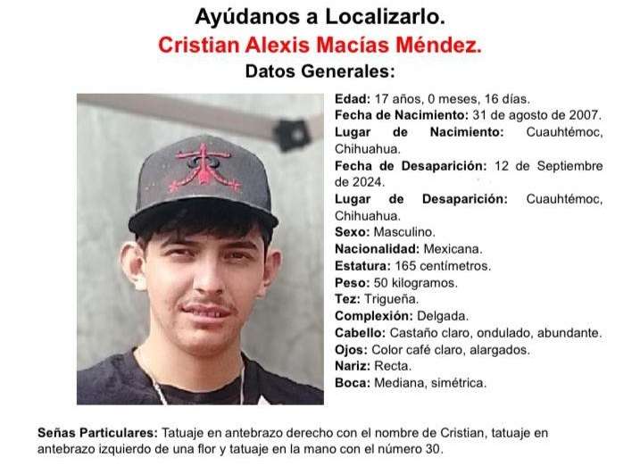 Buscan a Cristian Alexis Macías Méndez, desaparecido en Cuauhtémoc