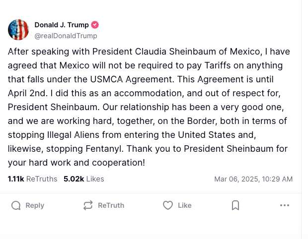 Pospone Trump aranceles a México tras diálogo con Sheinbaum