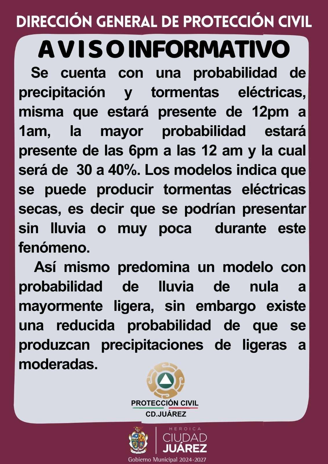 Alerta Protección Civil por posibles tormentas eléctricas