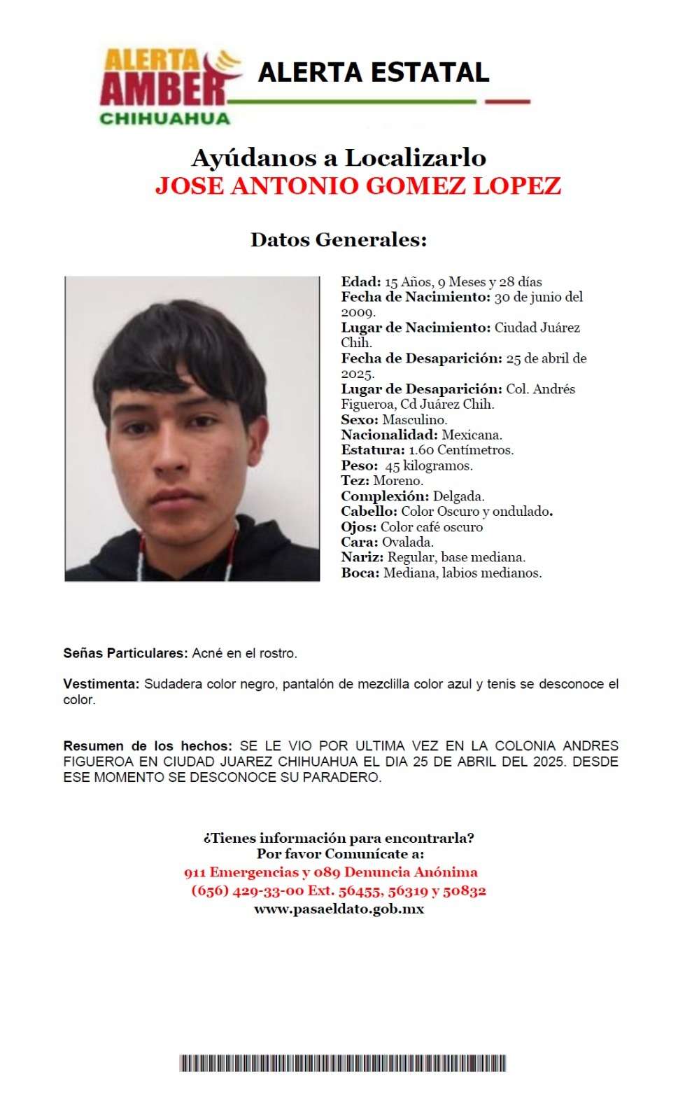 Buscan a adolescente desaparecido el 25 de abril