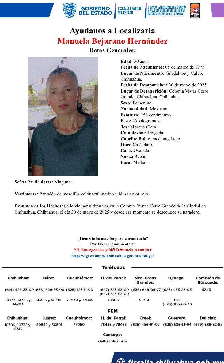 Piden ayuda para localizar a Manuela Bejarano Hernández