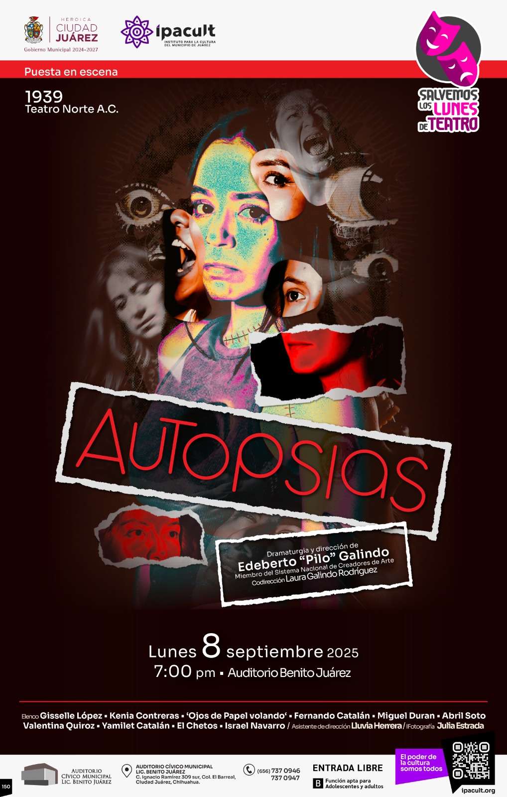 Presentan la obra Autopsias este lunes en el Auditorio Benito Juárez
