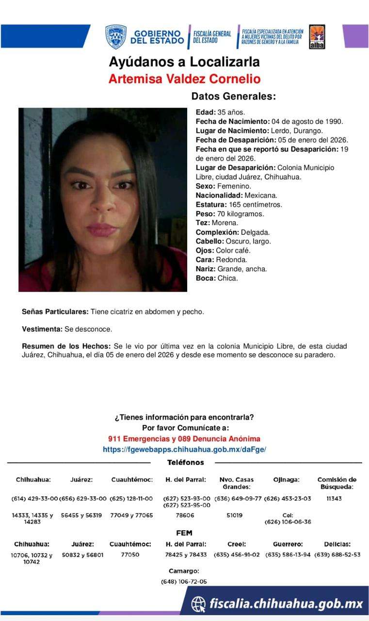 Buscan a Artemisa Valdez, desaparecida en Municipio Libre