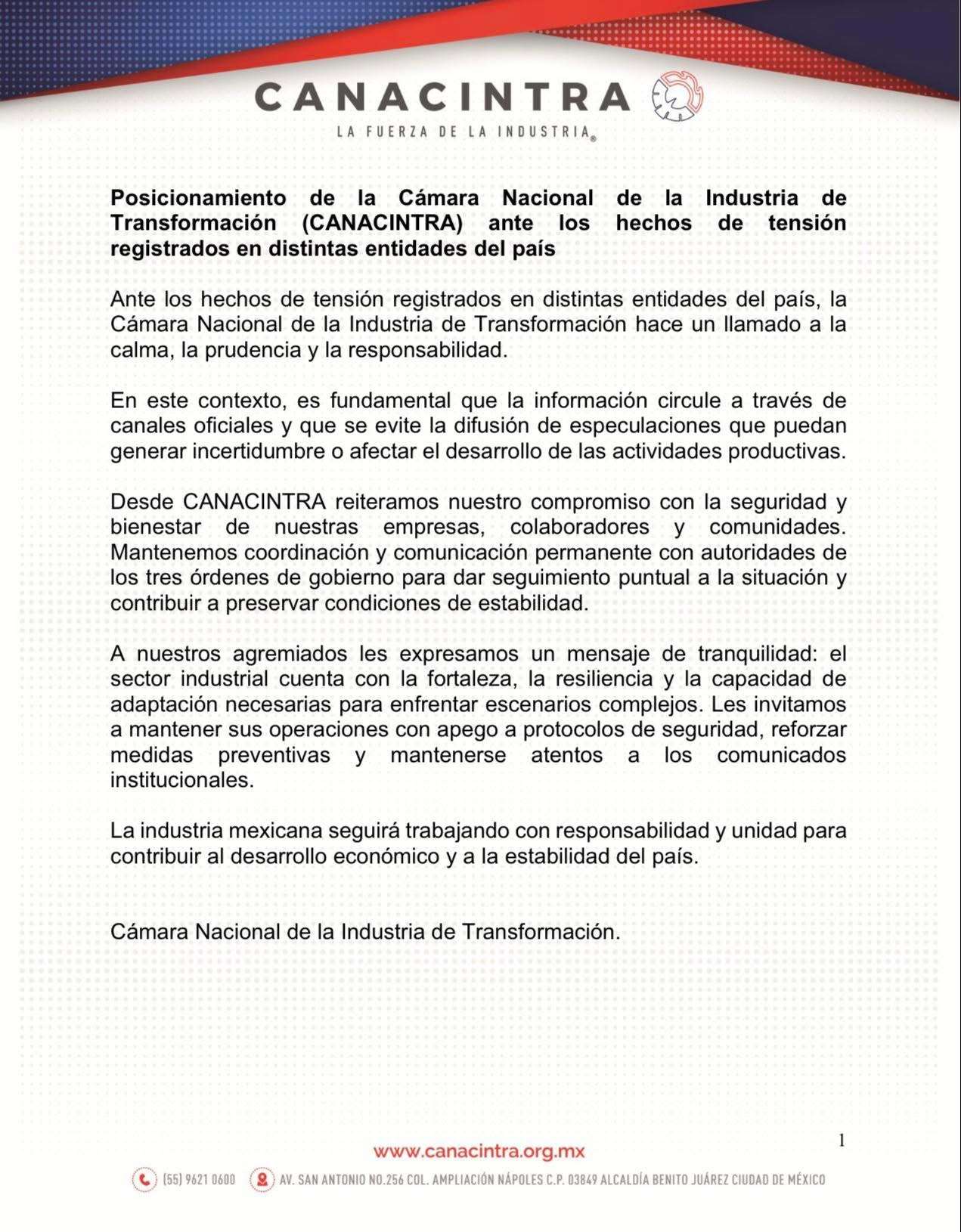 Llama Canacintra a la calma ante hechos violentos en el país | El Bordo