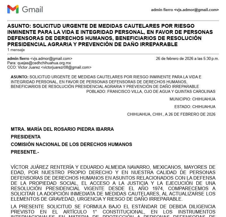 Denuncian riesgo de vida y piden medidas cautelares para ejidatarios 