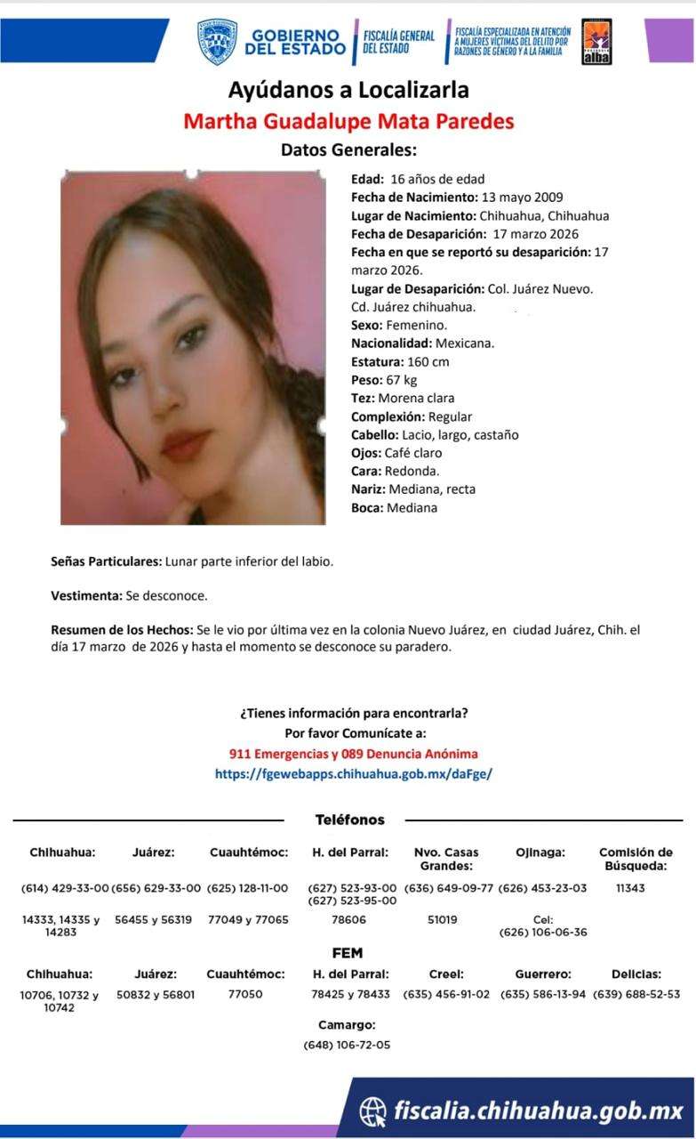 Buscan a Martha Guadalupe, menor desaparecida en Nuevo Juárez