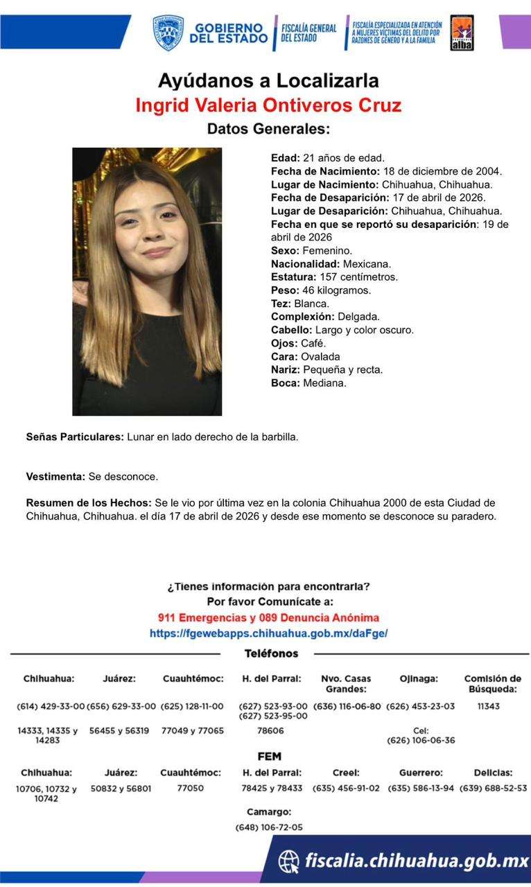 Buscan a jovencita desaparecida en Chihuahua 2000