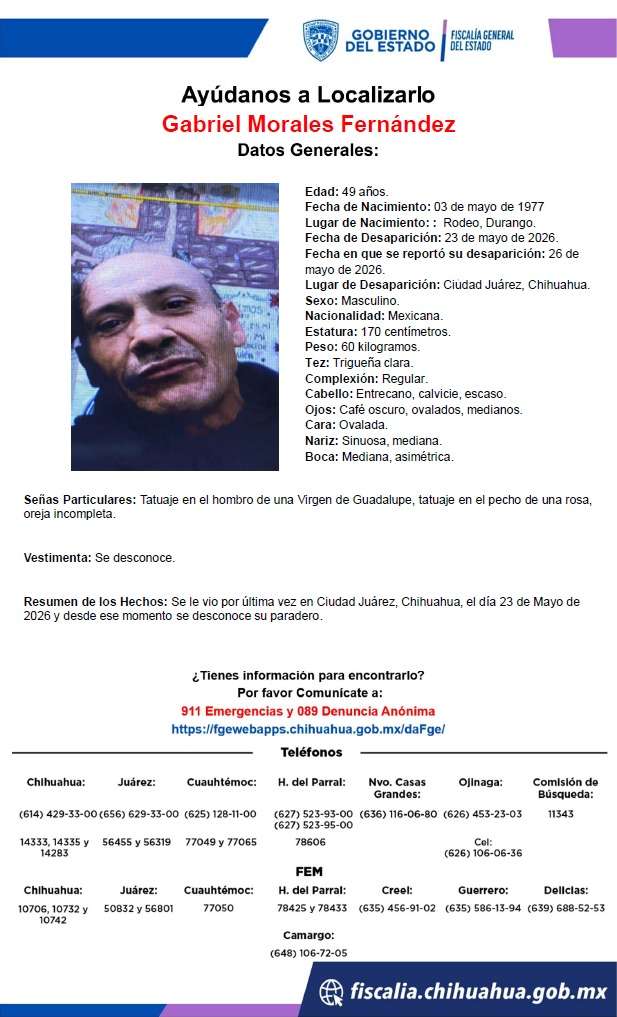 Buscan a hombre de Durango desaparecido en Juárez