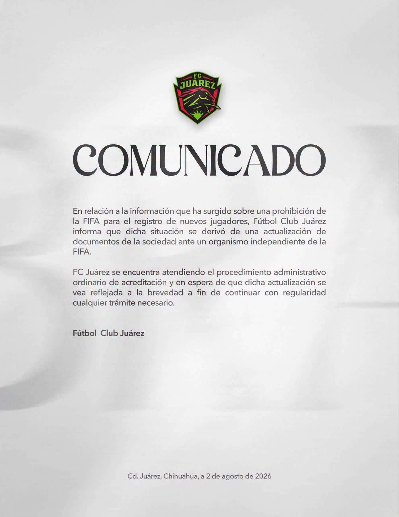 Aclara FC Juárez situación sobre veto de FIFA para registrar jugadores