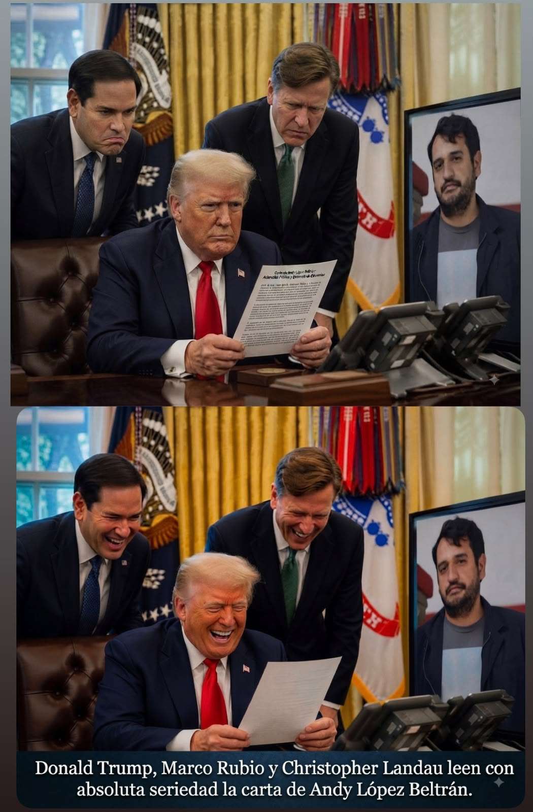 Donald Trump, Marco Rubio y Christopher Landau leen con absoluta seriedad la carta de Andy López Beltrán