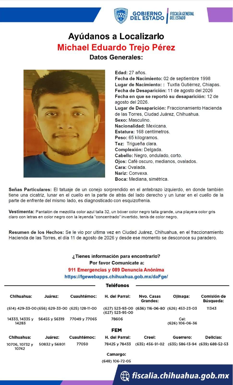 Buscan a joven de 27 años desaparecido en Las Torres