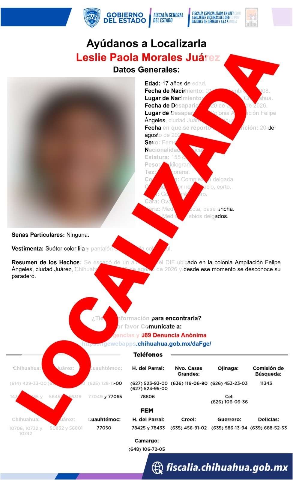 Localiza sana y salva a adolescente desaparecida desde el 20 de agosto