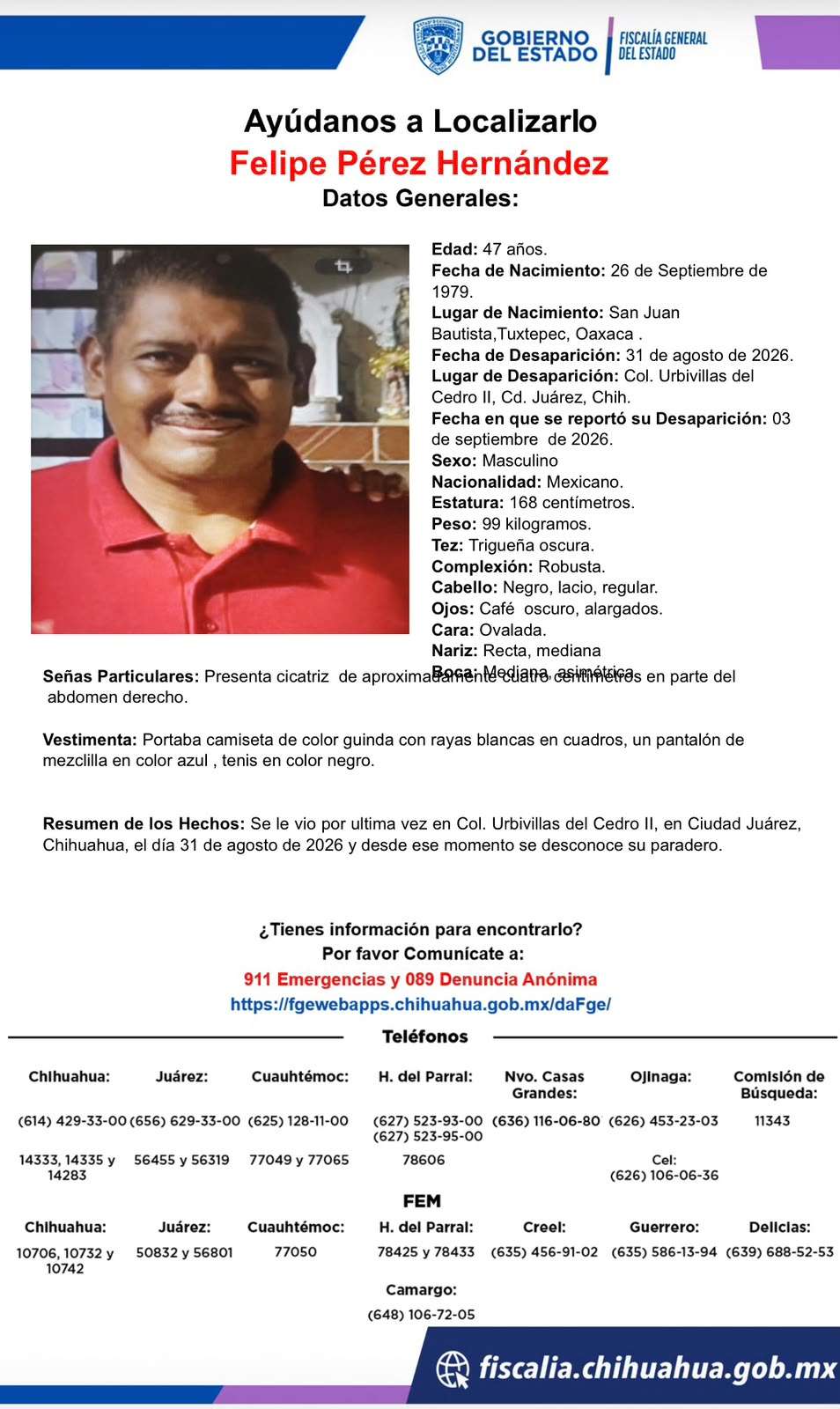 Buscan a Felipe Pérez Hernández, desaparecido en Urbivillas del Cedro II