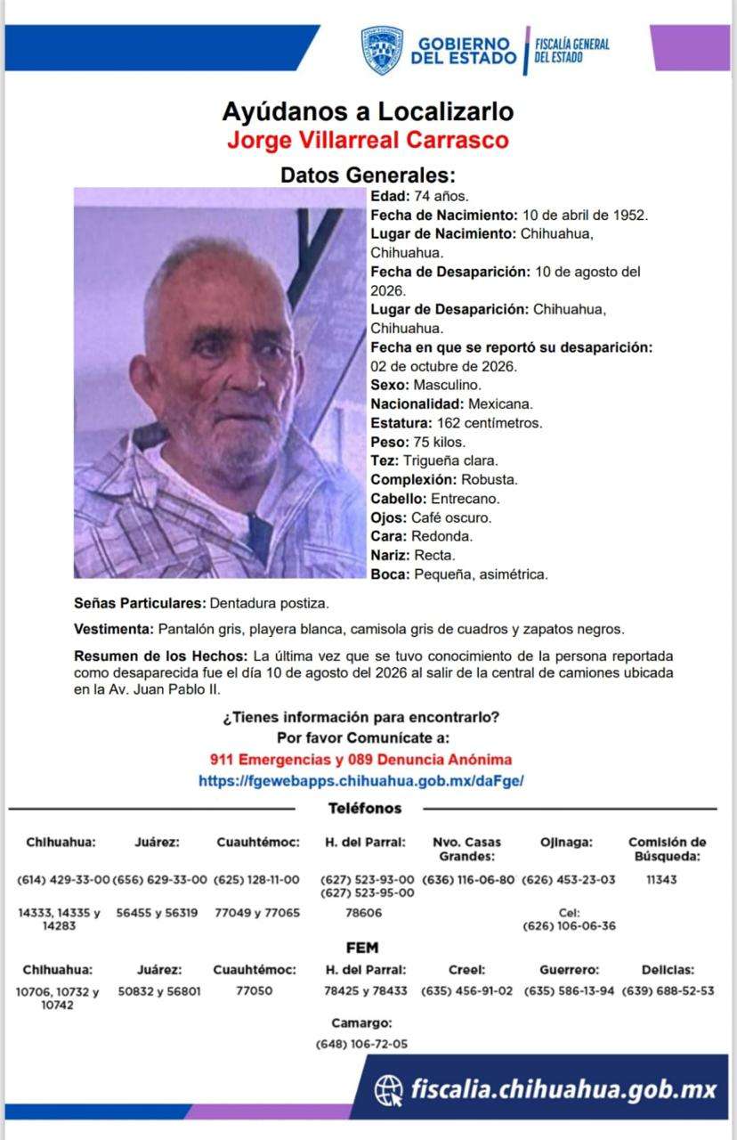 Solicitan ayuda para localizar a Jorge Villareal Carrasco