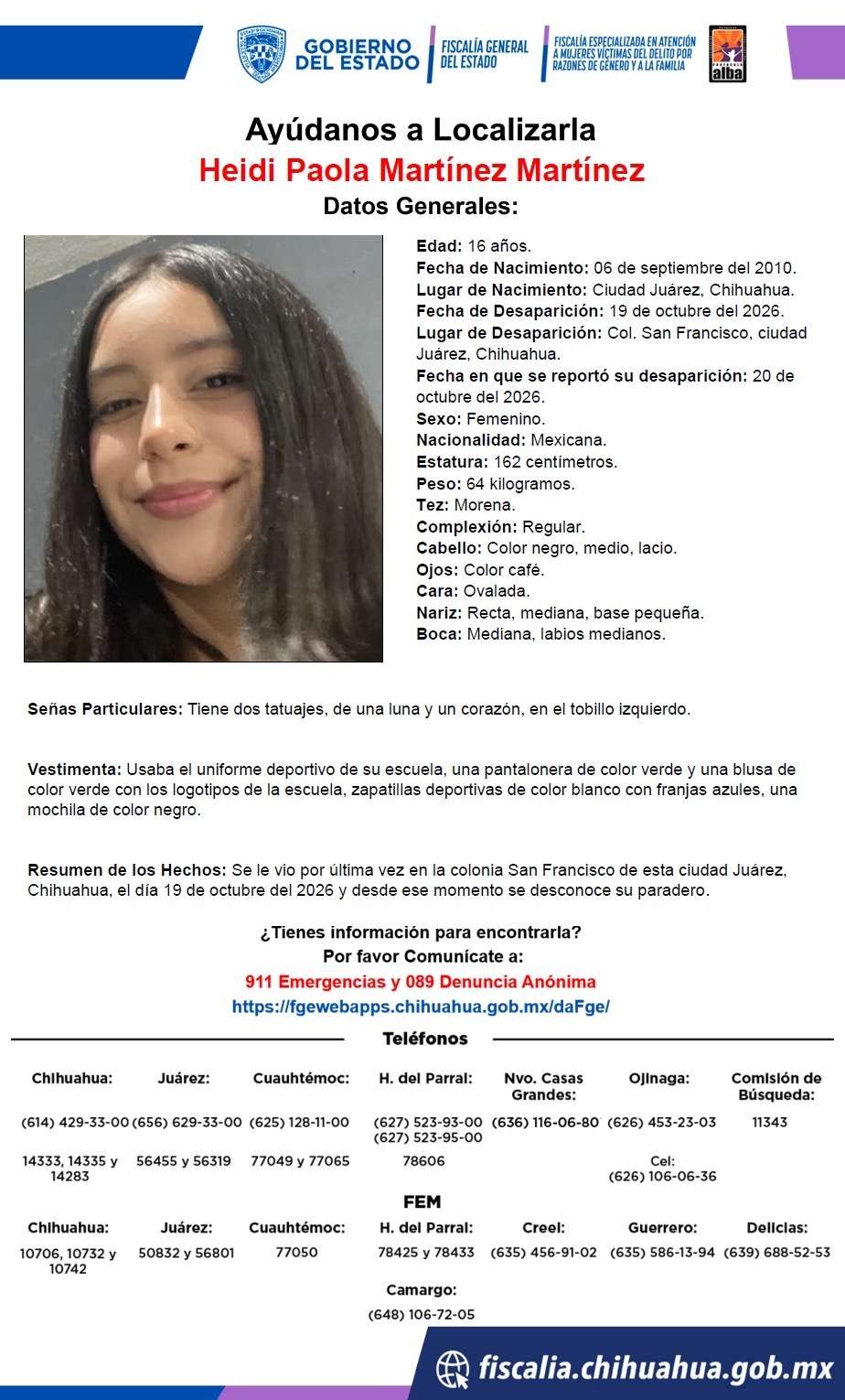 Buscan a adolescente de 16 años desaparecida en la colonia San Francisco